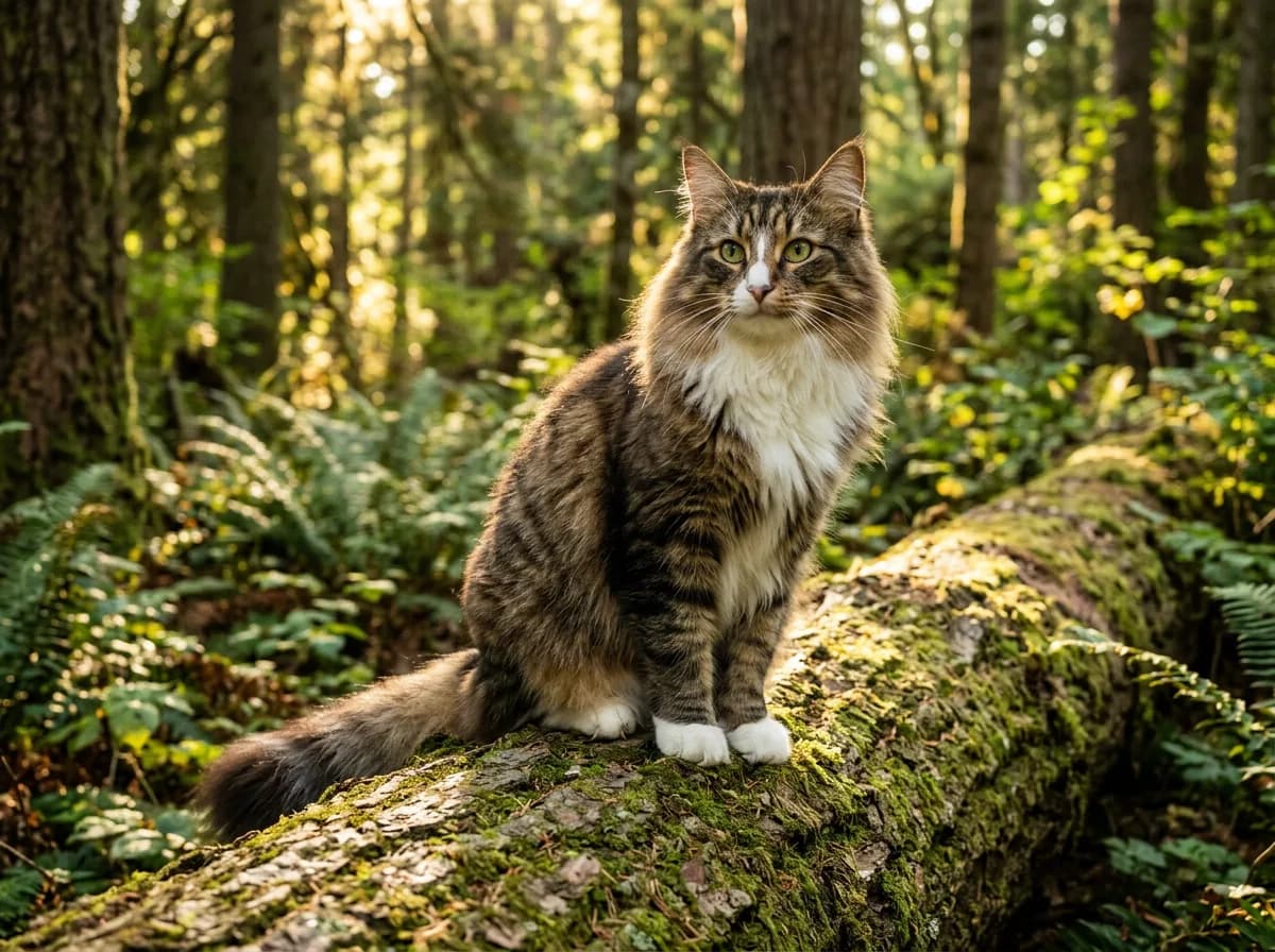 A fluffy brown tabby and white Norwegian Forest cat with a thick mane sitting on a mossy log in a sunlit forest, double coat catching the light