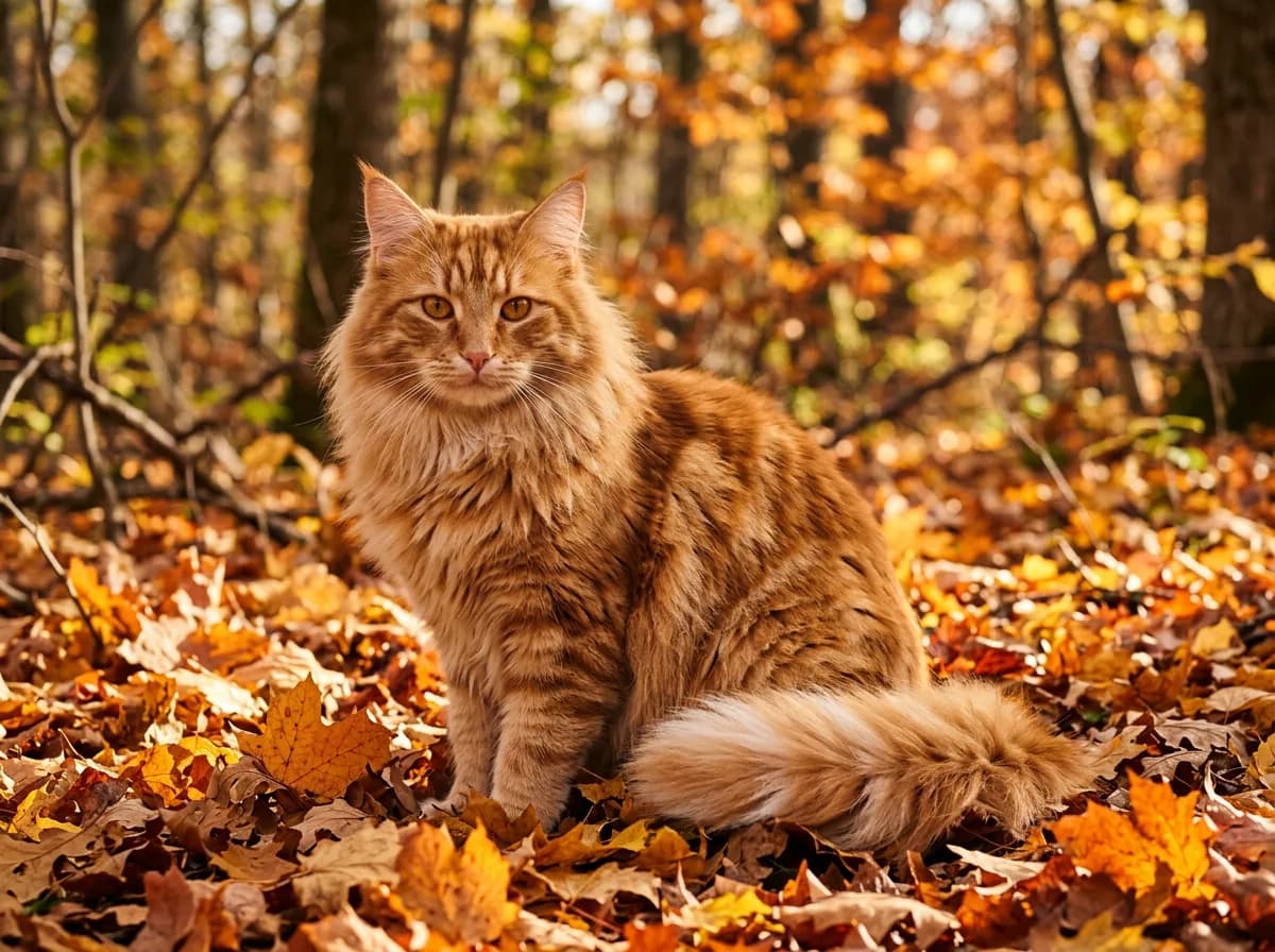 A red ginger tabby Norwegian Forest cat with warm orange striping, a full mane and bushy tail, sitting among autumn leaves in dappled sunlight