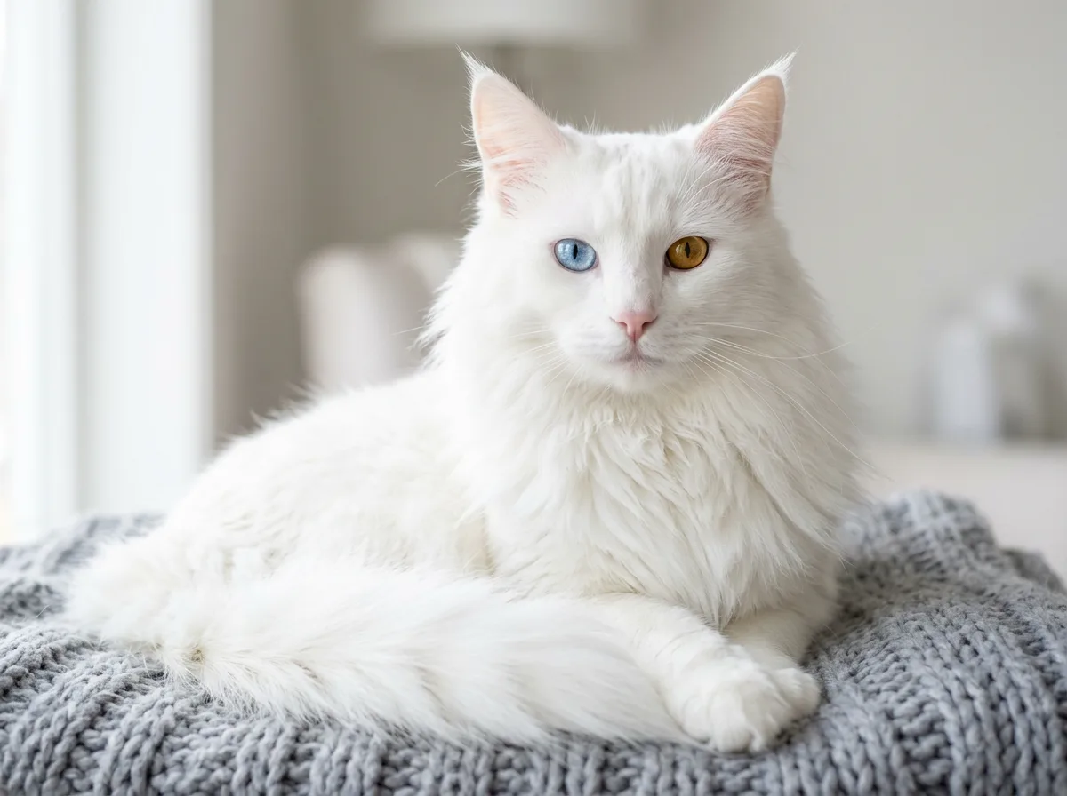 A pure white long-haired Norwegian Forest cat with a luxurious double coat and odd-colored eyes, one blue and one gold, lying on a soft gray knit blanket with its front legs extended