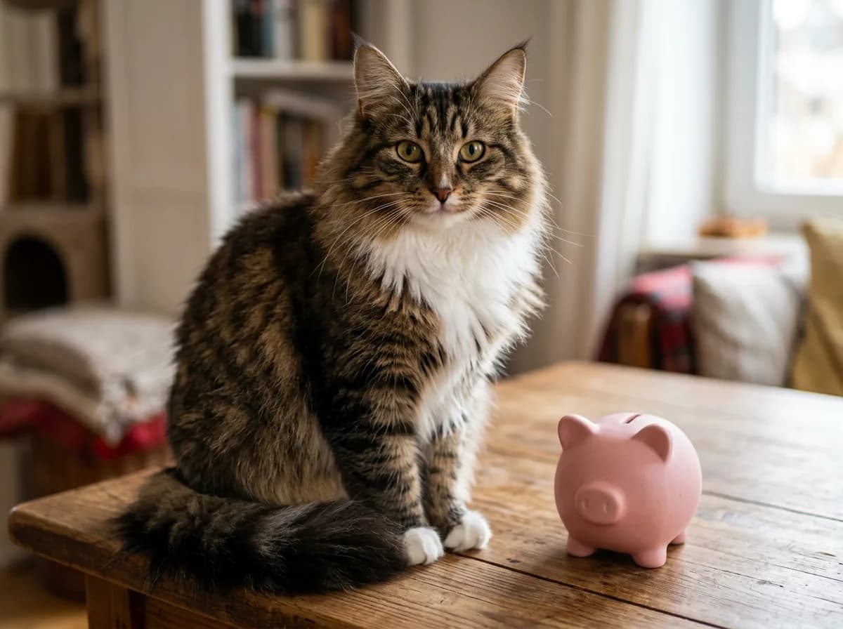 A fluffy brown tabby and white Norwegian Forest cat with a full neck ruff sitting beside a pink piggy bank, soft natural window light