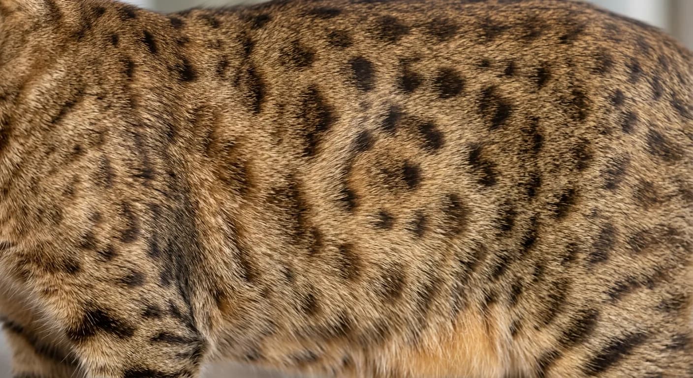 A close-up of an Ocicat coat showing dark thumbprint-shaped spots scattered over a warm tawny agouti ground, the spots forming a loose bullseye on the flank, with a soft satiny sheen, no human or background distractions