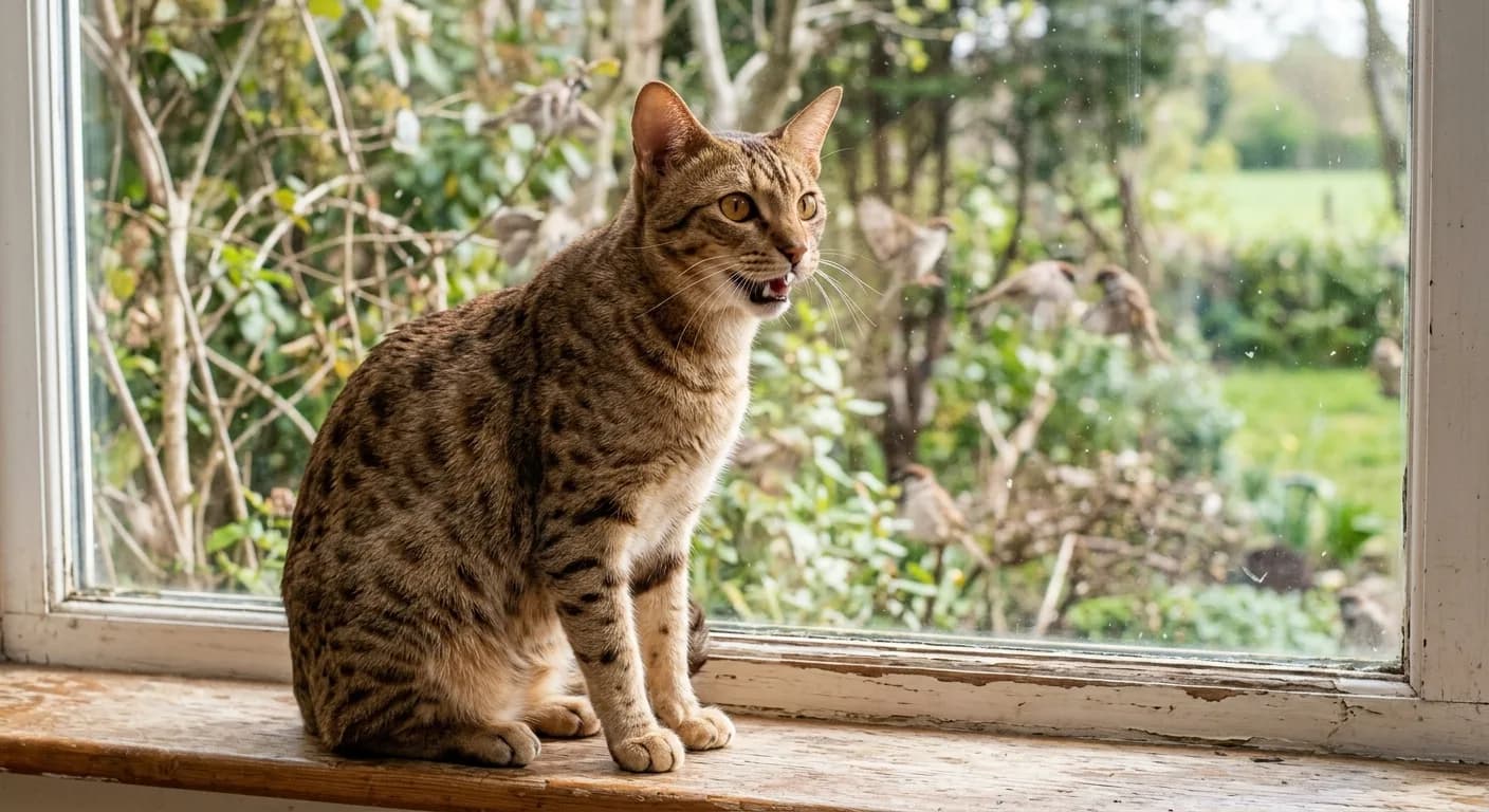 A bronze-spotted Ocicat with a modified-wedge head, large ears and an M-shaped forehead marking sitting on a windowsill mid-chirp with its mouth slightly open, watching birds outside, large almond amber eyes, daylight