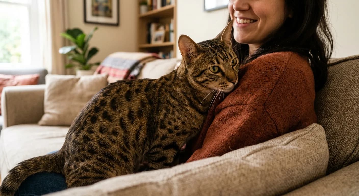 A spotted bronze Ocicat with an ocelot-like dark-spotted shorthair coat and large alert ears nuzzling against its smiling owner's shoulder on a sofa, large almond green-gold eyes, warm domestic living room