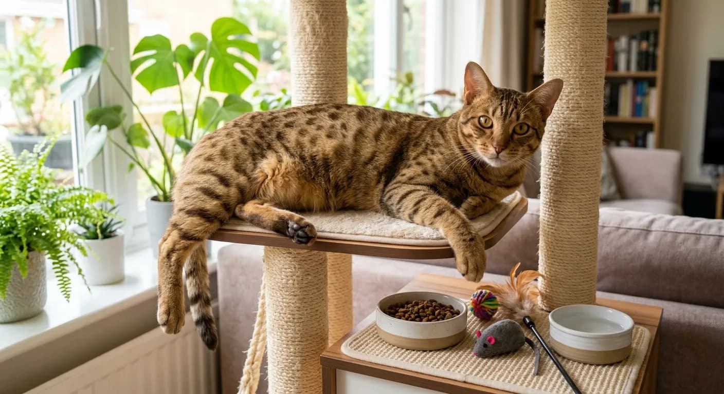 An adult Ocicat with a long muscular body and a tawny spotted tabby coat lounging on a cat tree beside a food bowl and a few toys, large almond eyes, modified-wedge head and large ears, in a bright living room, illustrating the cost of supplies and care