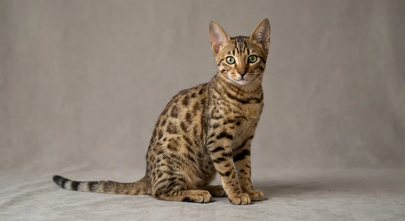 A sleek short-haired Ocicat kitten with a wild ocelot-like spotted tabby coat of dark thumbprint spots on a golden agouti ground, a clear M marking on the forehead, large alert ears and large almond-shaped green eyes, sitting on a neutral studio backdrop