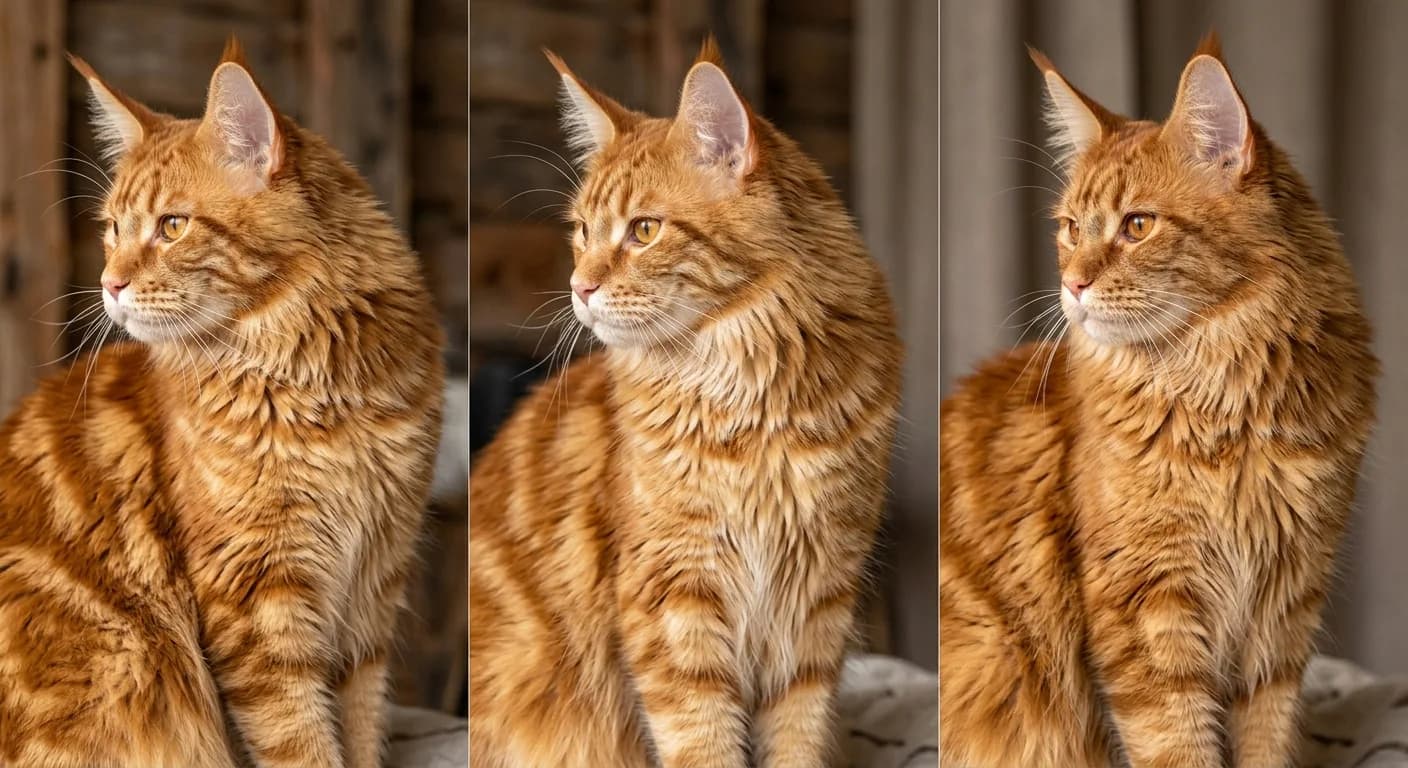 Side-by-side close-up of three orange Maine Coon coat patterns: classic tabby swirls, mackerel stripes, and ticked agouti fur texture