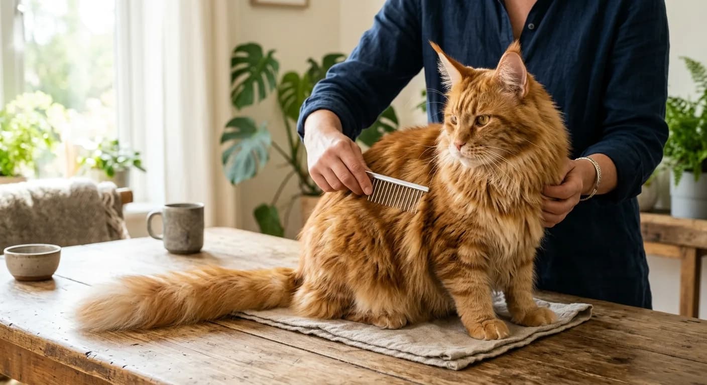 A person gently combing a large fluffy orange Maine Coon cat with a wide-tooth metal comb on a wooden table in bright natural light