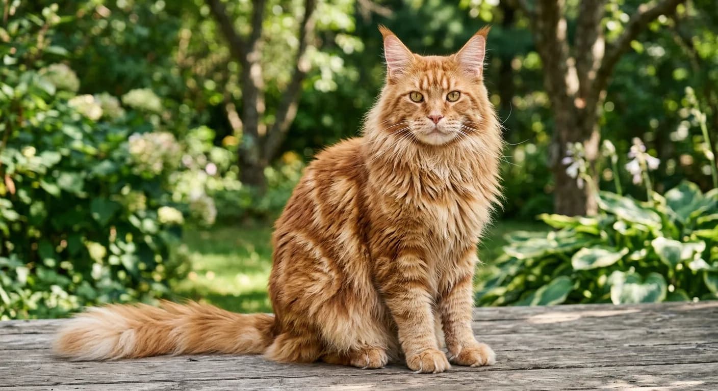A large orange male Maine Coon cat with a full red-orange tabby coat and prominent mane sitting in natural light, golden-green eyes forward