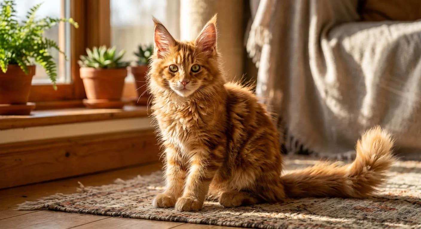 A fluffy orange Maine Coon kitten with vivid green-gold eyes sitting in a beam of sunlight, coat showing classic tabby swirl pattern beginning to emerge
