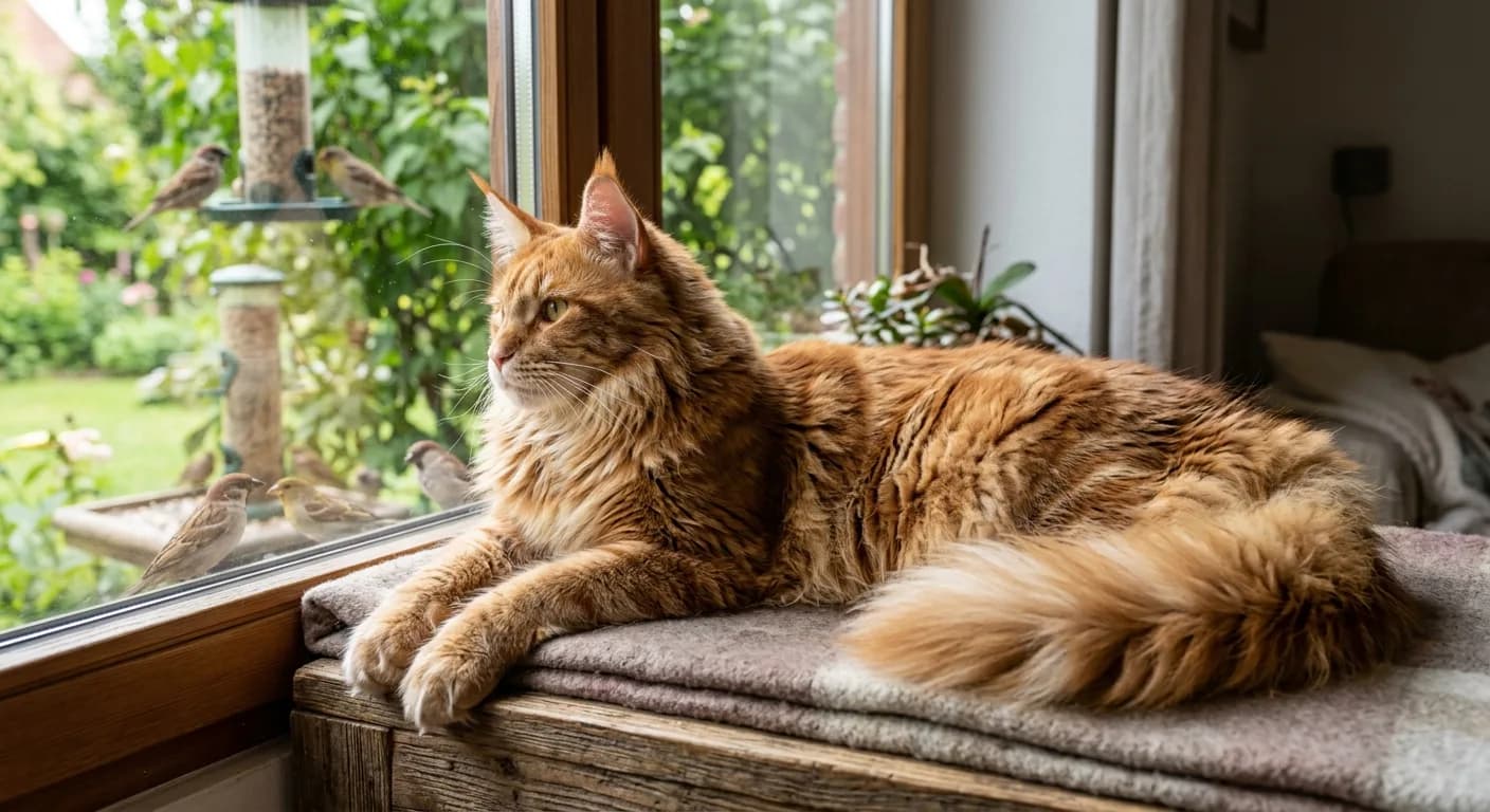 A large orange tabby Maine Coon cat stretched out on a wide window perch watching birds outside, bushy tail curled around its body, mane and coat clearly detailed