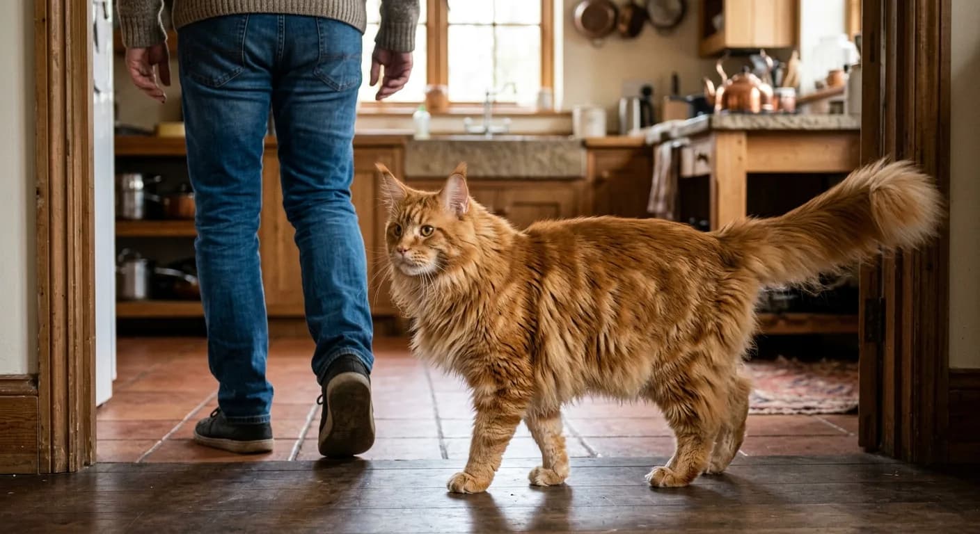 An orange Maine Coon cat with a massive fluffy ruff following its owner through a kitchen doorway, curiosity apparent in its upright posture