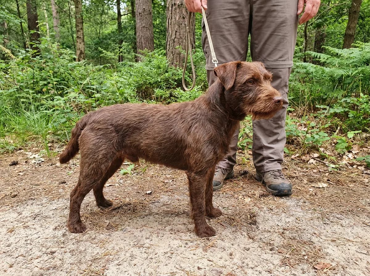 Brown broken-coated Patterdale Terrier standing beside a caregiver in woodland