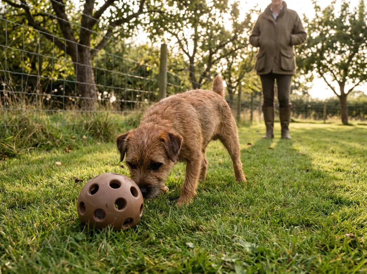 Red rough-coated Patterdale Terrier investigating an enrichment ball in a fenced orchard