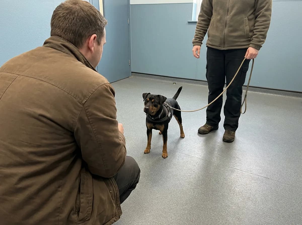 A prospective caregiver meeting a small black-and-tan terrier held on a slack leash