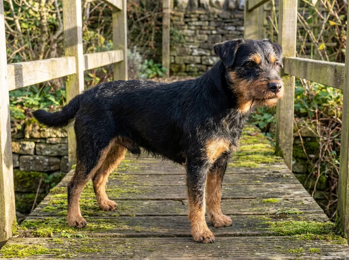 Black-and-tan rough-coated Patterdale Terrier standing on a wooden garden bridge