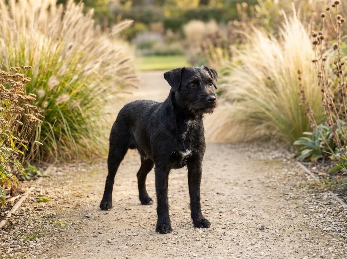 Black rough-coated terrier-type mixed dog standing on a garden path