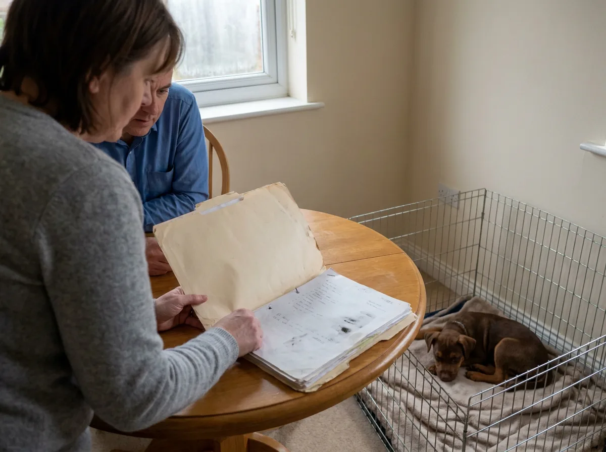 Two adults reviewing records beside a brown terrier puppy resting in a pen