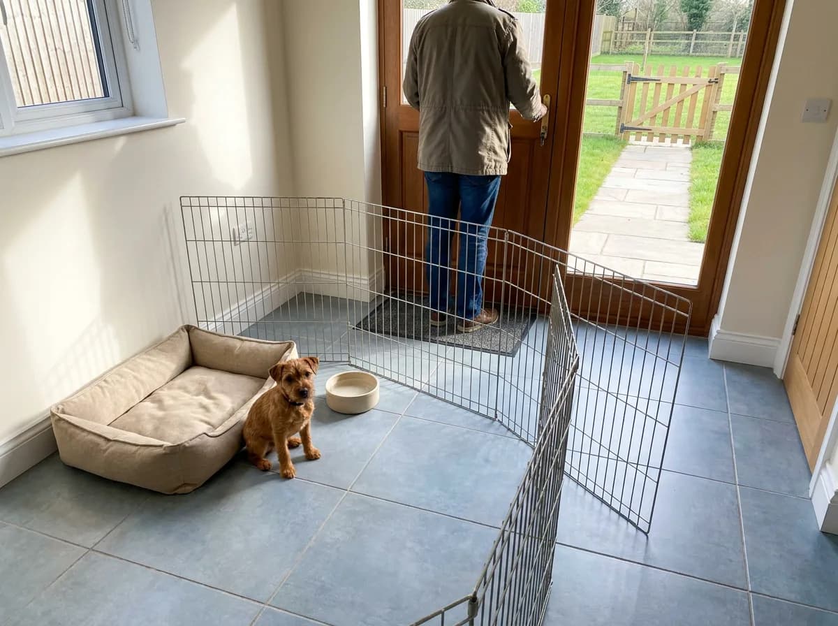 Brown terrier puppy in a pen with a bed and water bowl near an entrance