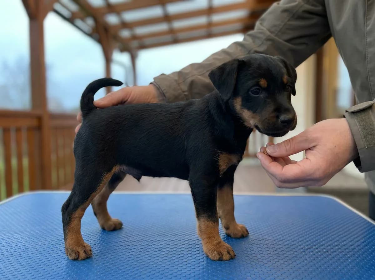 Caregiver gently handling a black-and-tan terrier puppy on a nonslip mat