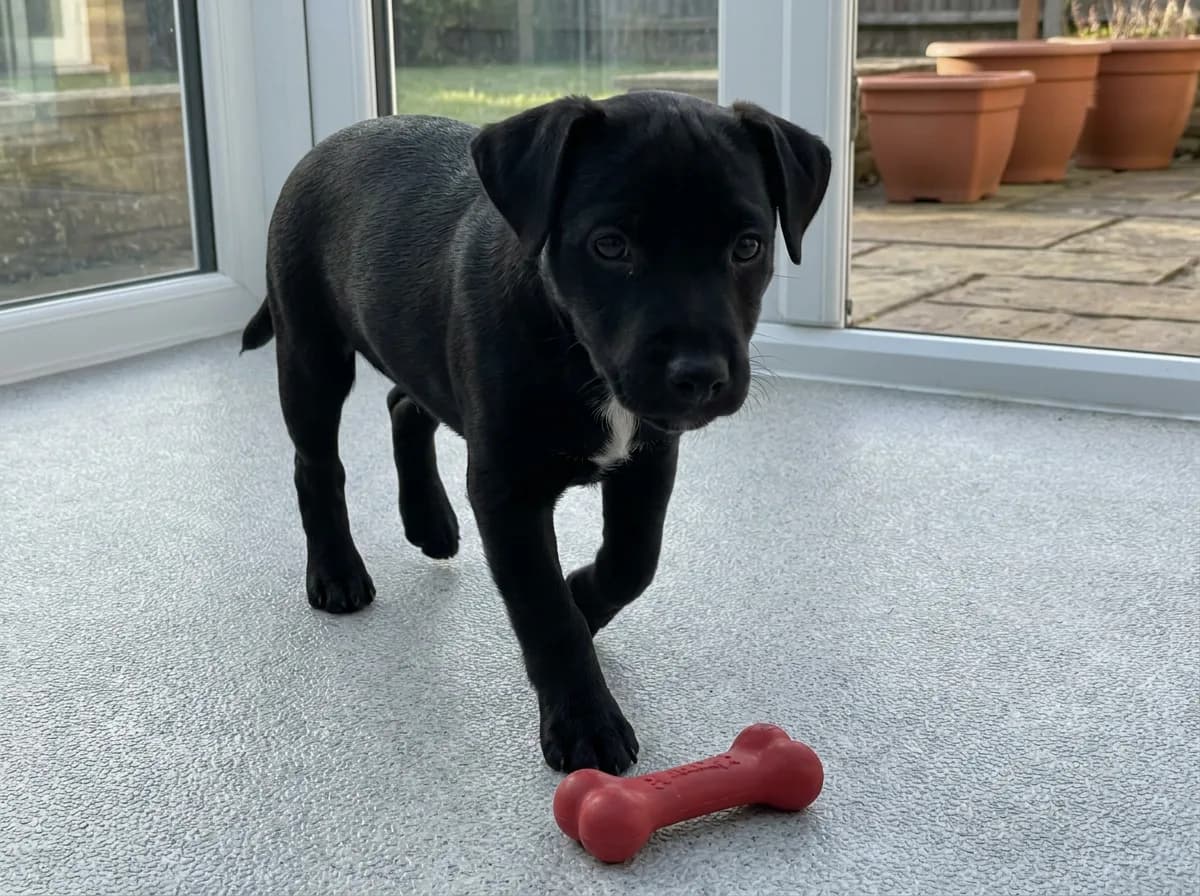 Black Patterdale Terrier puppy approaching a rubber toy by a patio door
