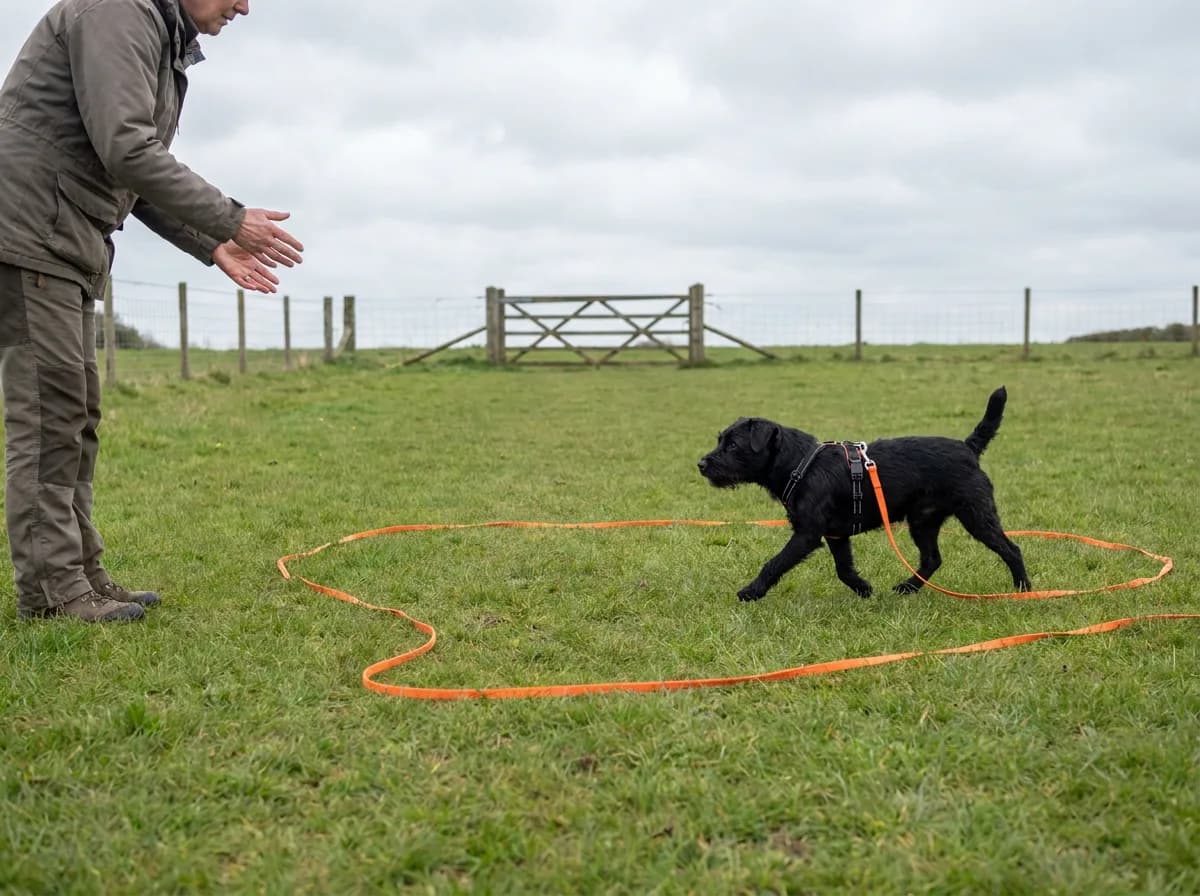 Black rough-coated terrier approaching a caregiver with a long line in a fenced field