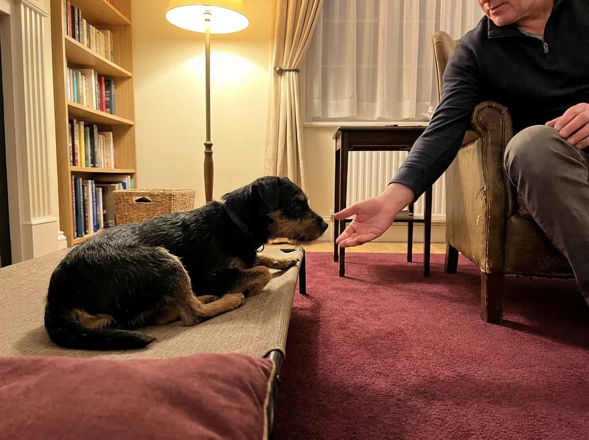 Black-and-tan rough-coated terrier resting on a sofa beside a seated caregiver