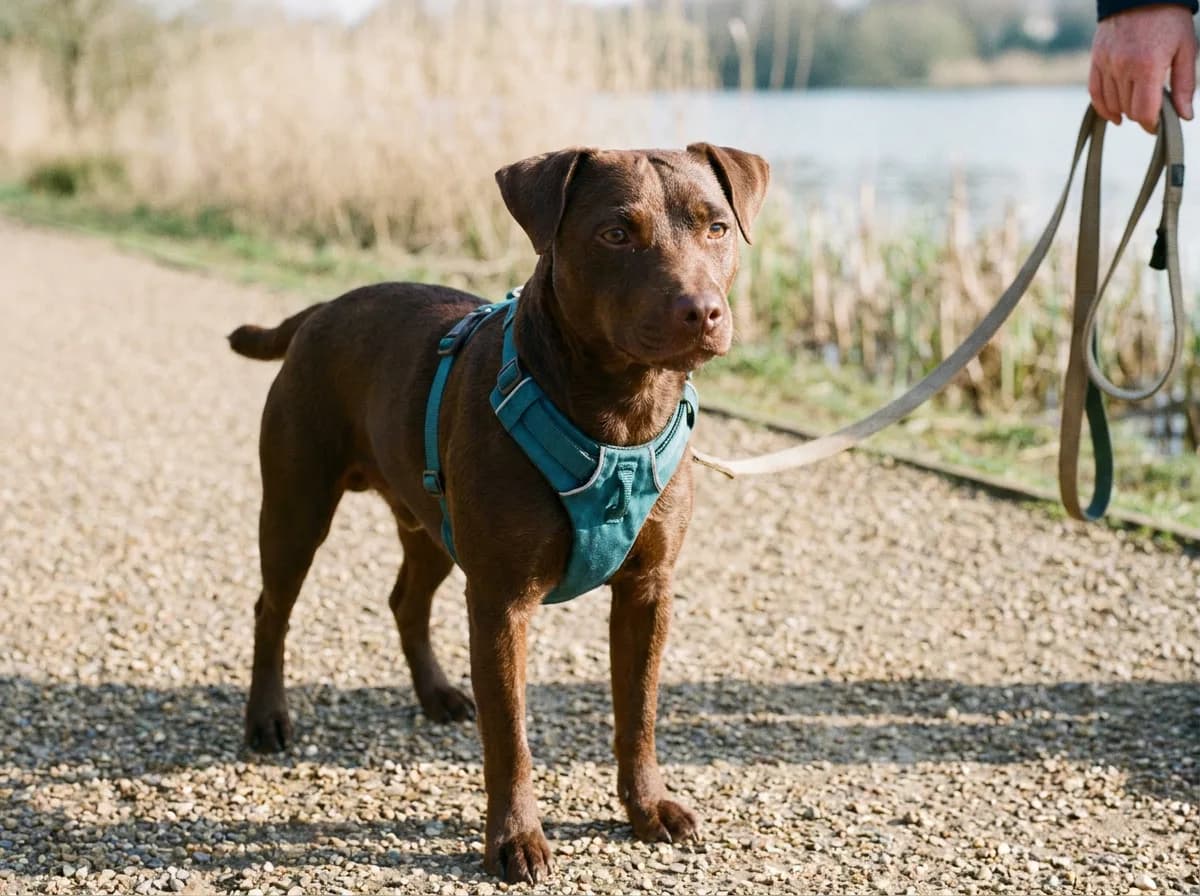 Brown Patterdale Terrier wearing a teal harness beside a waterside path