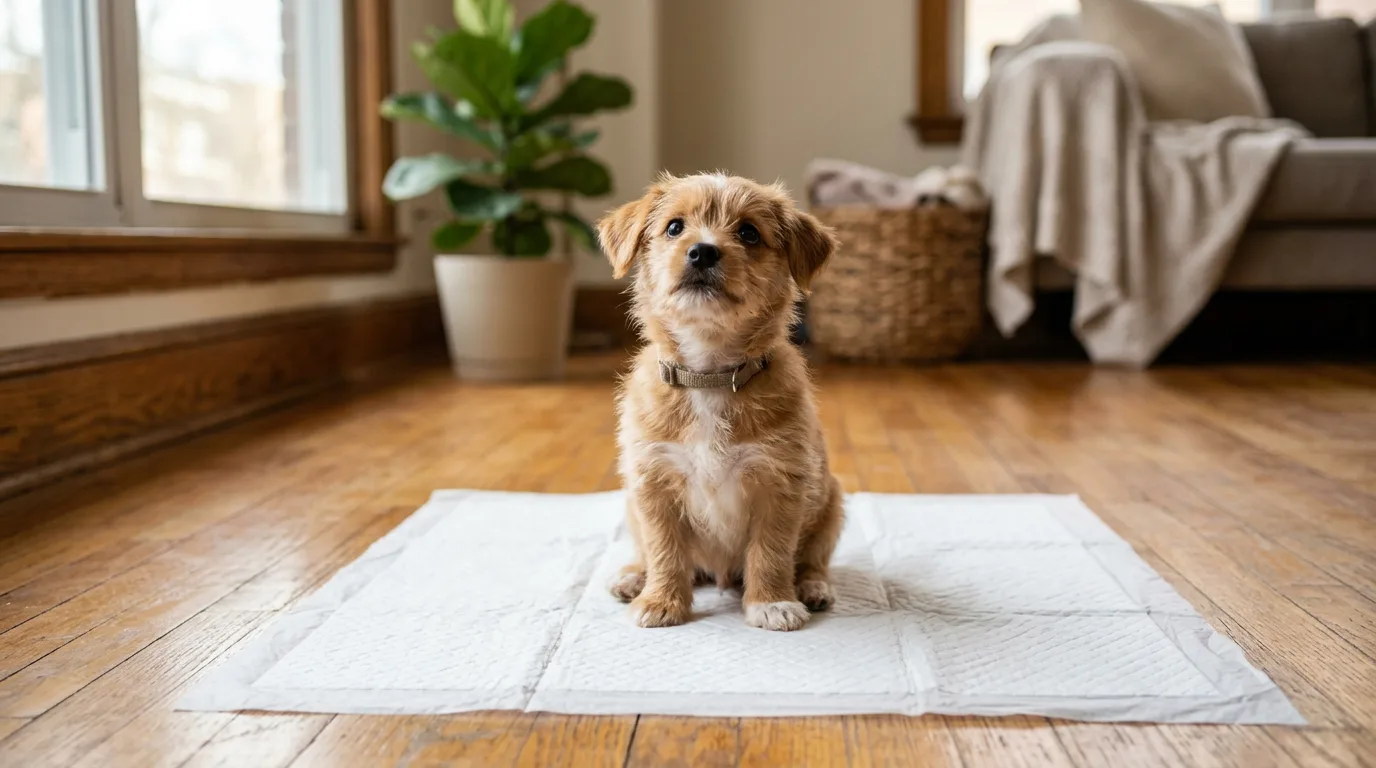 A small tan puppy sitting on a white absorbent training pad on a hardwood apartment floor, looking up expectantly, soft morning window light