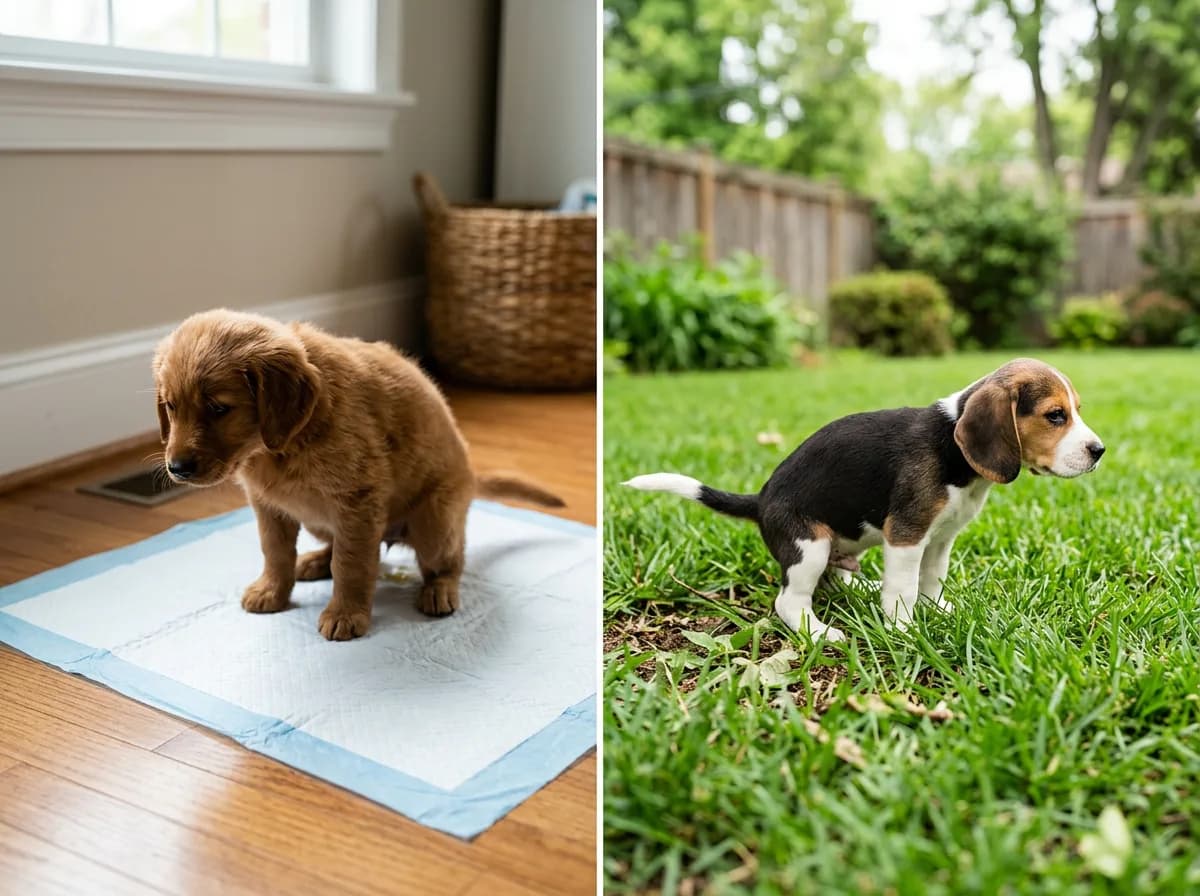 A split scene showing a puppy using an indoor training pad on the left and a puppy squatting on green backyard grass on the right, bright even dayligh
