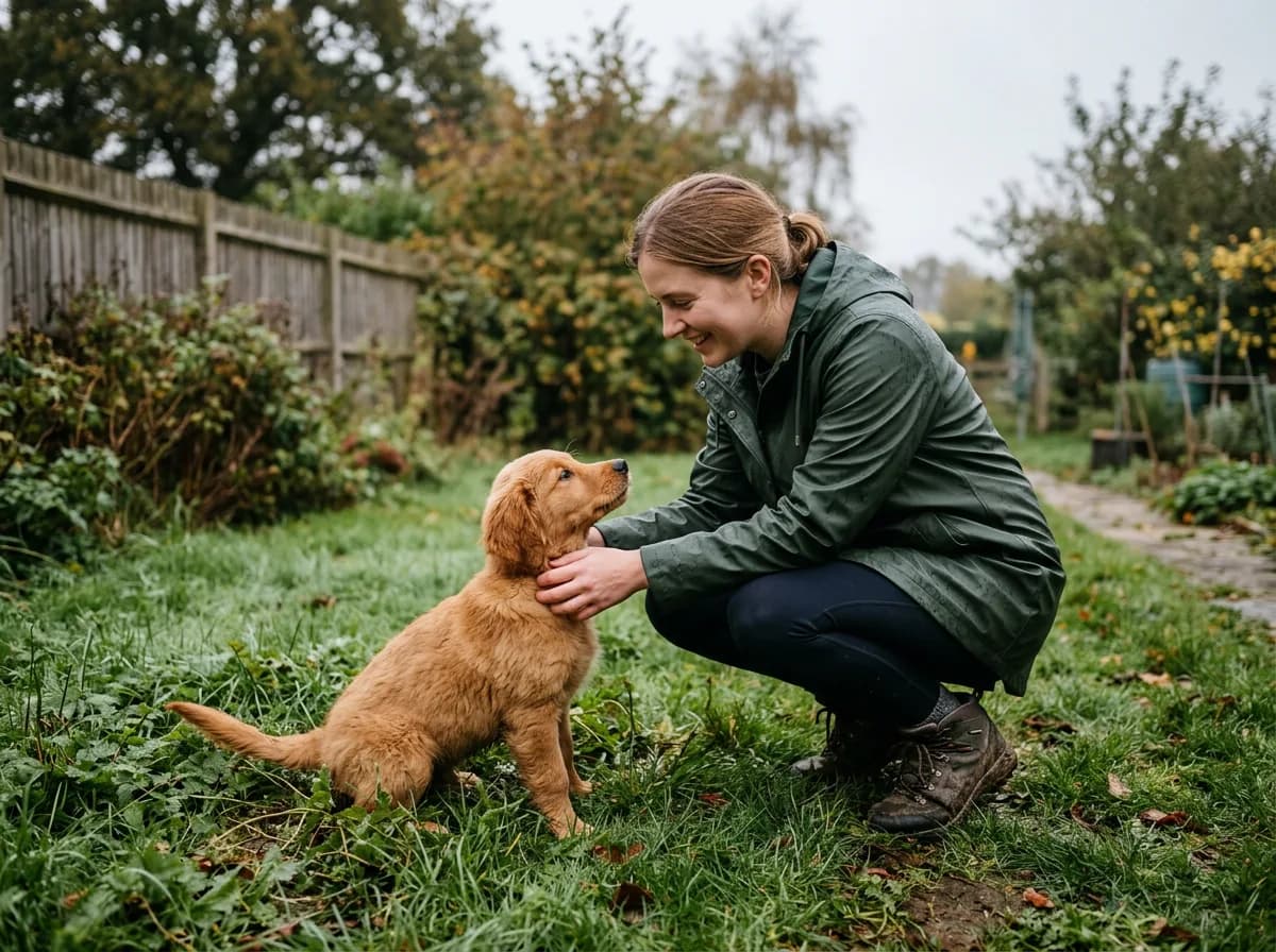 An owner in a raincoat crouching beside a young puppy on wet grass at dawn, gently praising it, realistic backyard setting, soft overcast light