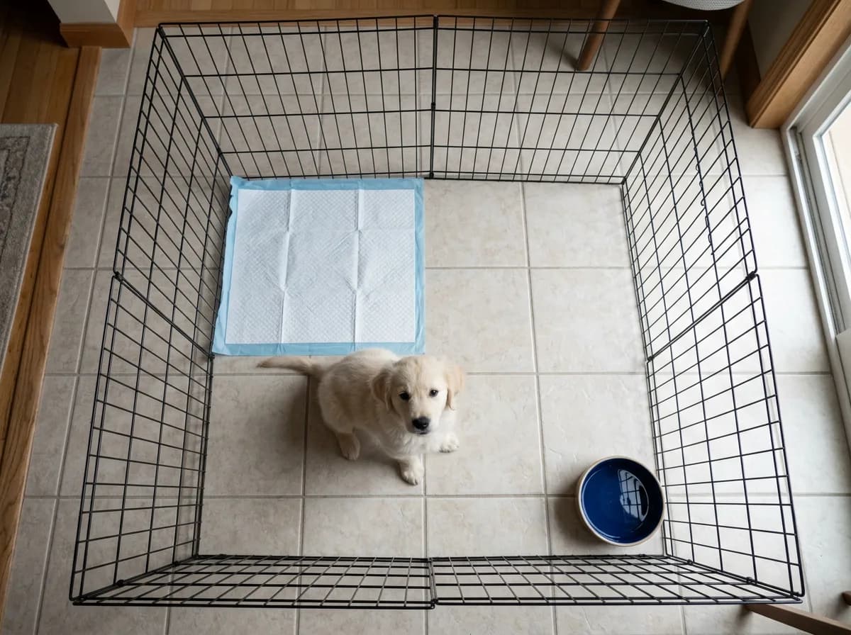 A puppy inside an open wire playpen on a tiled floor with a single training pad in one corner and a water bowl in the opposite corner, top-down clear 