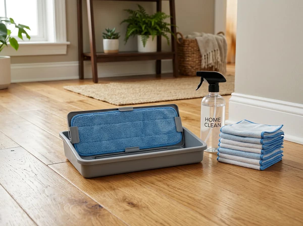 A neat corner pad station on a hardwood floor with a pad locked into a plastic tray holder, a spray bottle and a stack of fresh pads beside it, tidy h