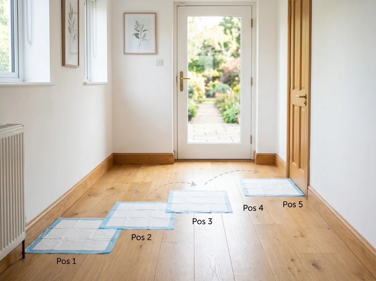 A sequence-style image of a single training pad positioned near an interior door leading outside, with faint arrows suggesting it moving toward the do