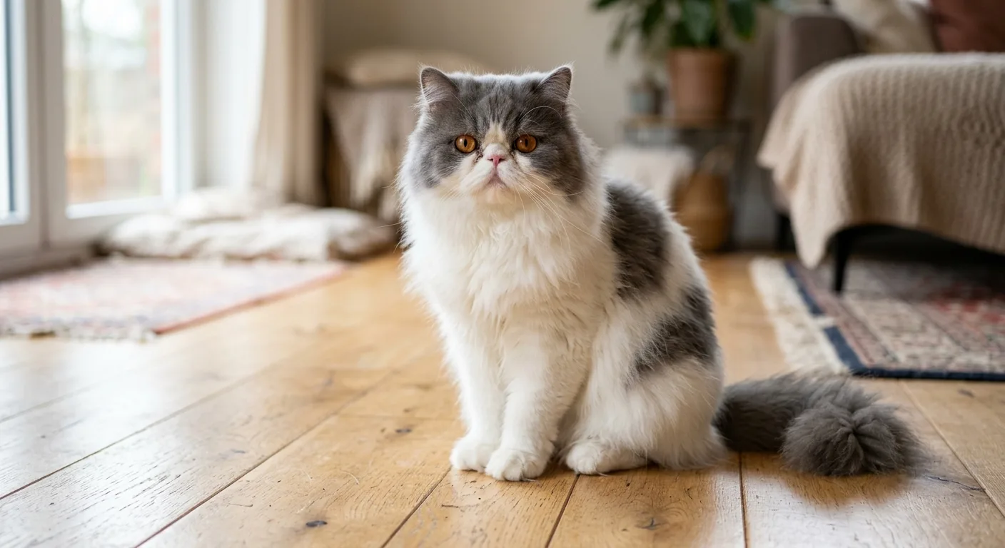 A blue-and-white bicolor Persian cat, mostly white with soft blue-grey patches, copper eyes, and a long fluffy coat