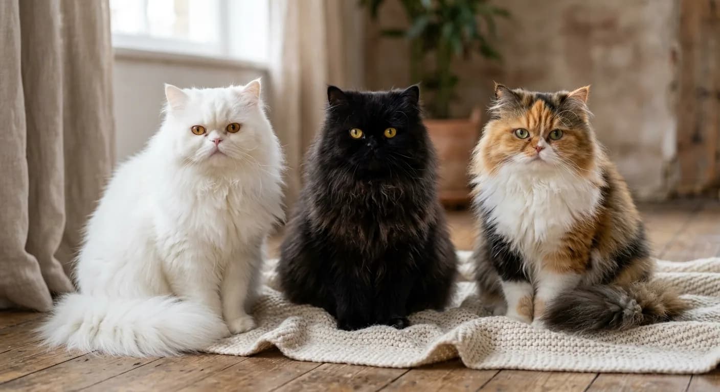 Three Persian cats side by side, white, black, and calico, with long fluffy coats on a soft neutral background