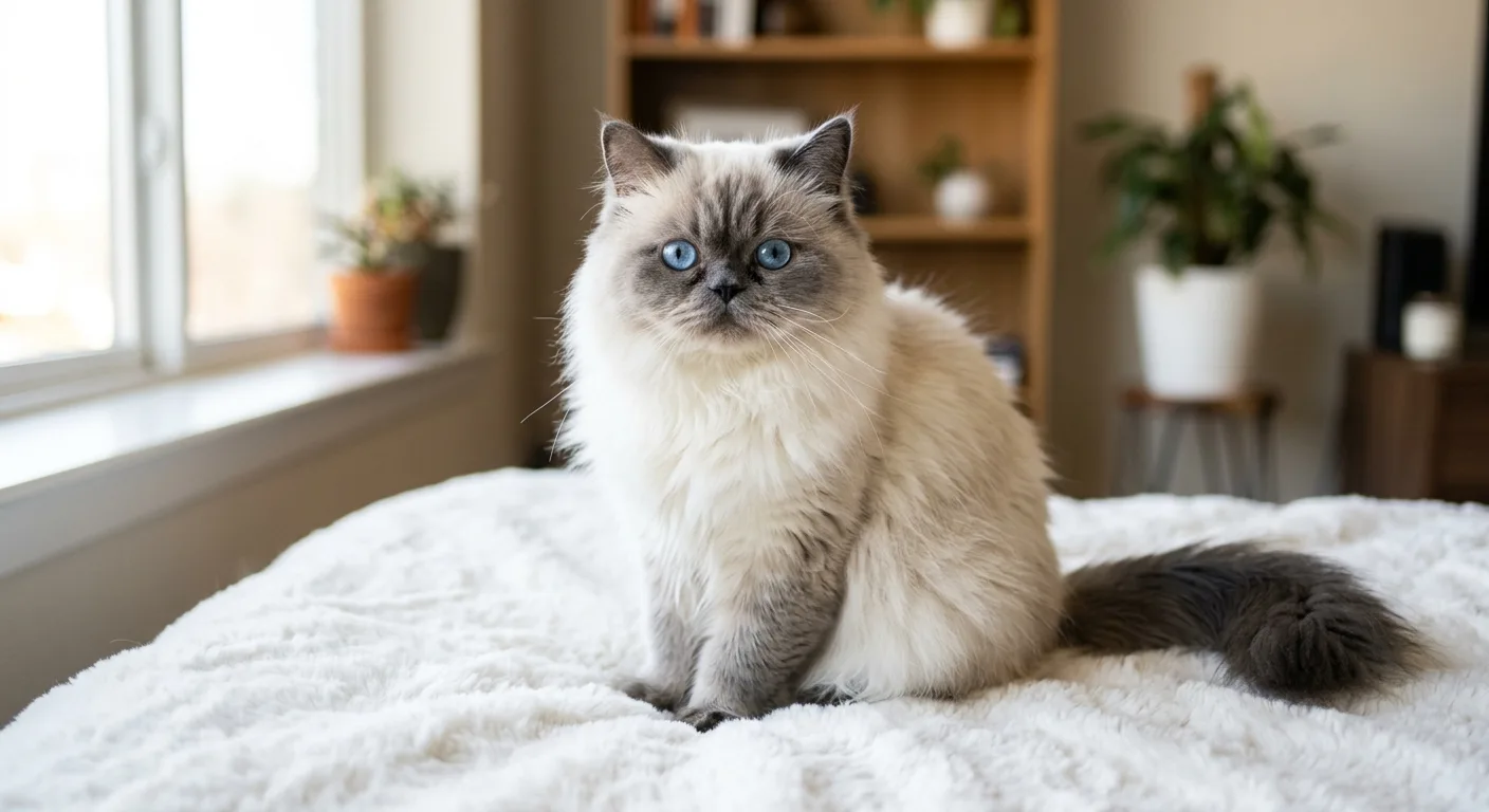 A blue-point Himalayan Persian cat with a creamy white body, blue-grey points on the ears, mask and paws, and vivid blue eyes