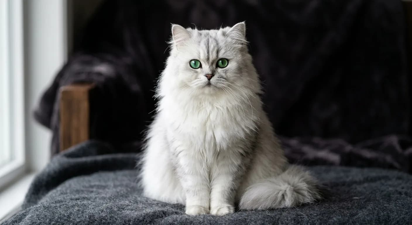 A silver chinchilla Persian cat with white-silver fur and striking green eyes against a soft dark background