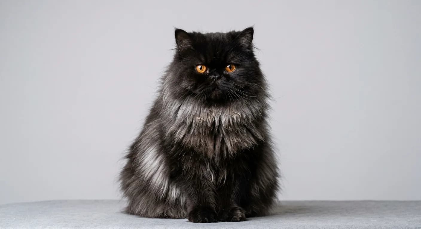 A black smoke Persian cat whose long coat is white at the roots and black at the tips, with copper eyes, against a dark charcoal background