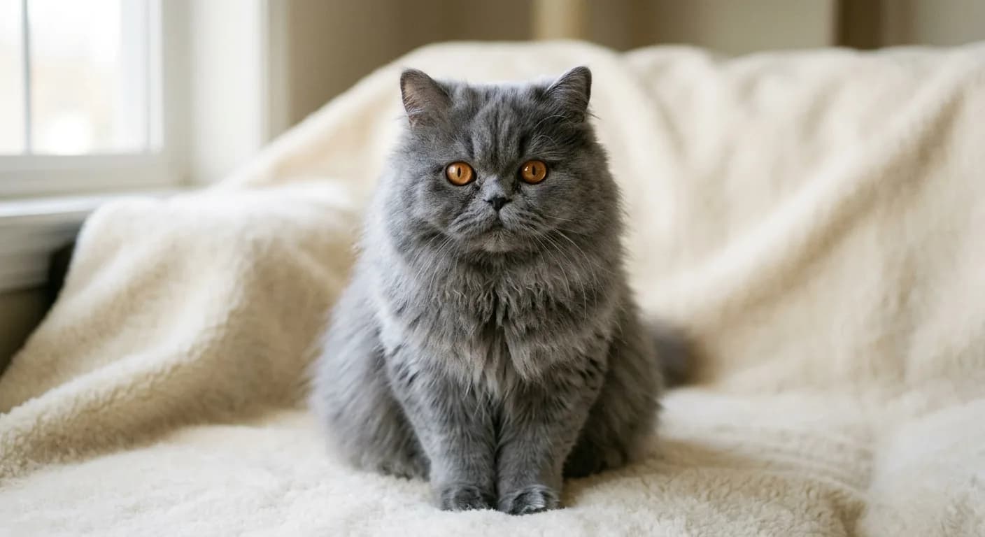 A solid blue-grey Persian cat with an even slate-grey long coat, round copper eyes, and a flat round face sitting upright on a cream background