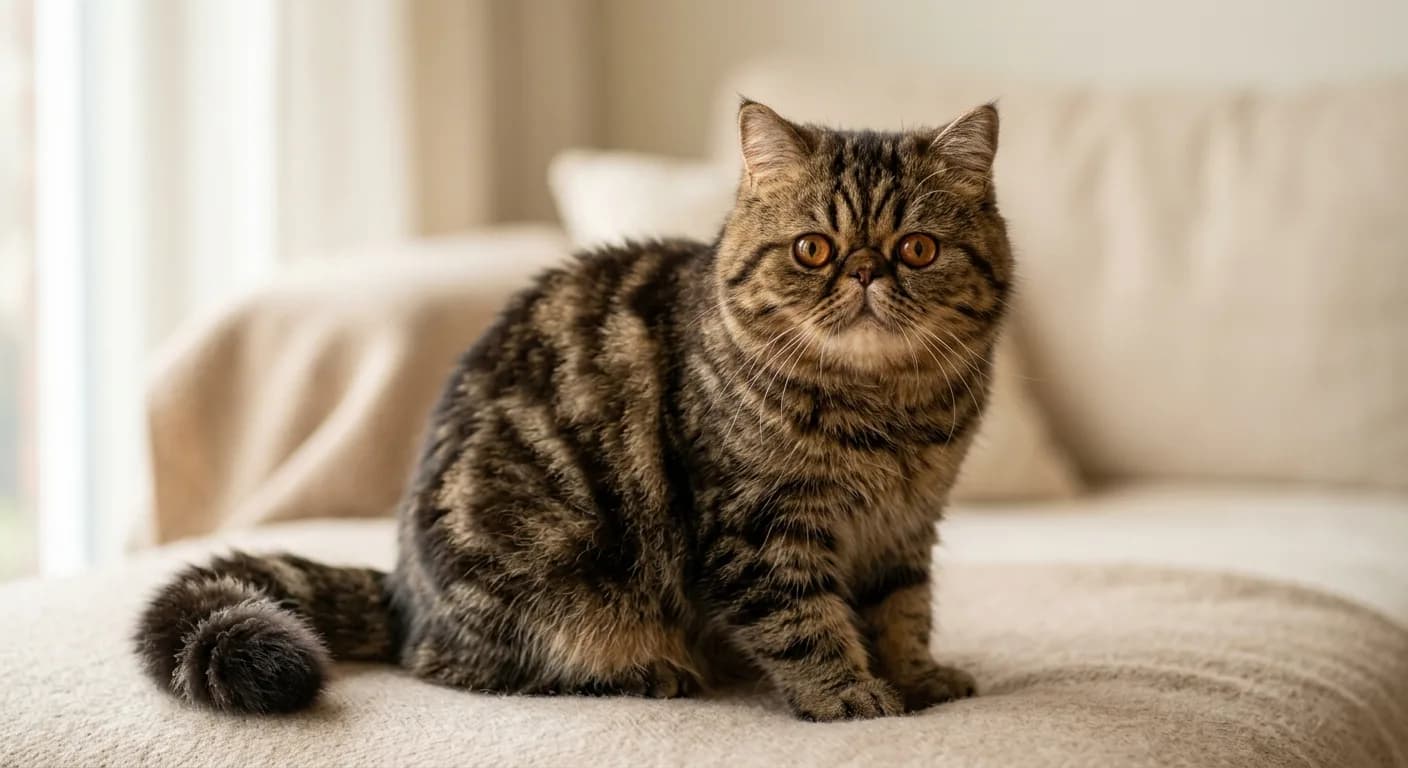 A brown classic tabby Persian cat with bold dark swirled markings on a warm brown coat and round copper eyes