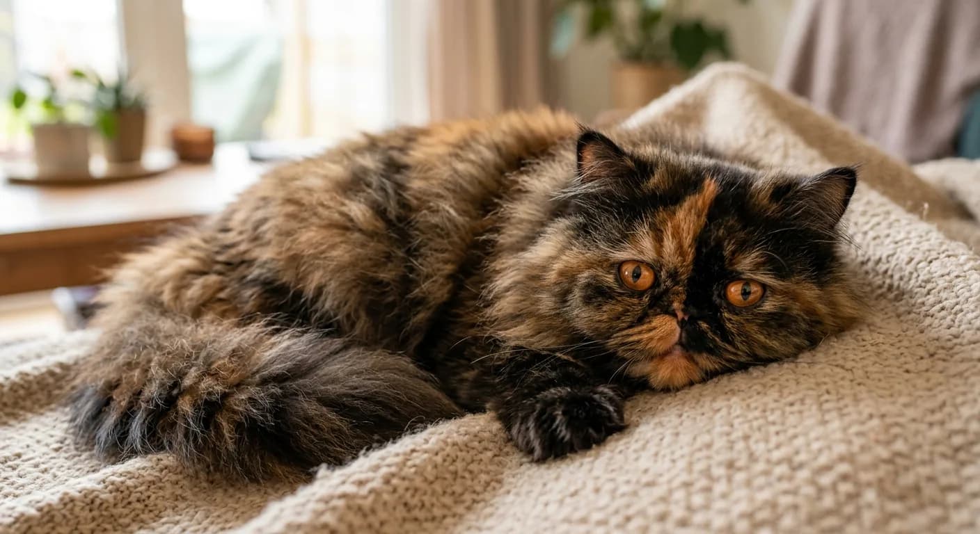 A tortoiseshell Persian cat with a long coat mottled in patches of black and red-orange resting on a soft beige blanket