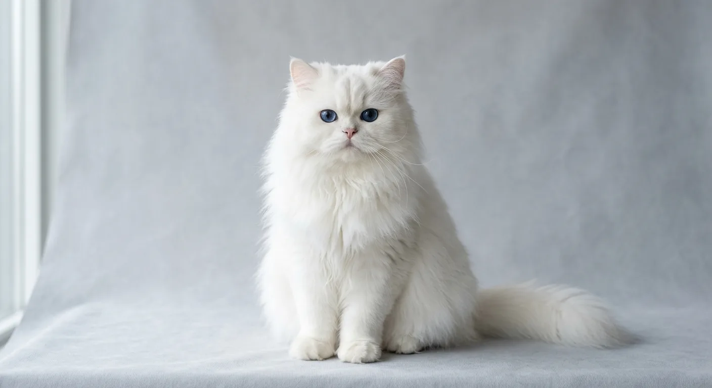 A pure white Persian cat with a long flowing snow-white coat and deep blue eyes sitting against a pale grey backdrop