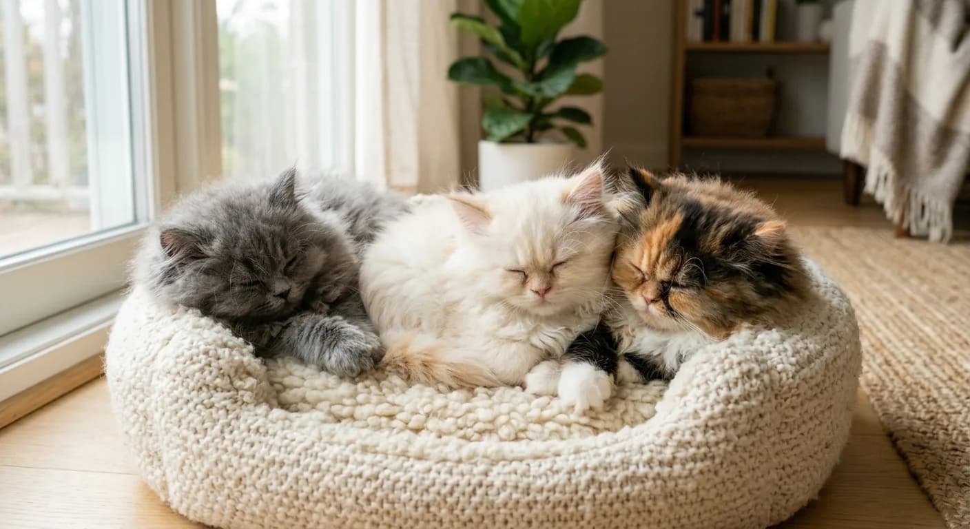 Three fluffy Persian kittens of different colors cuddled together in a soft pet bed in a bright home