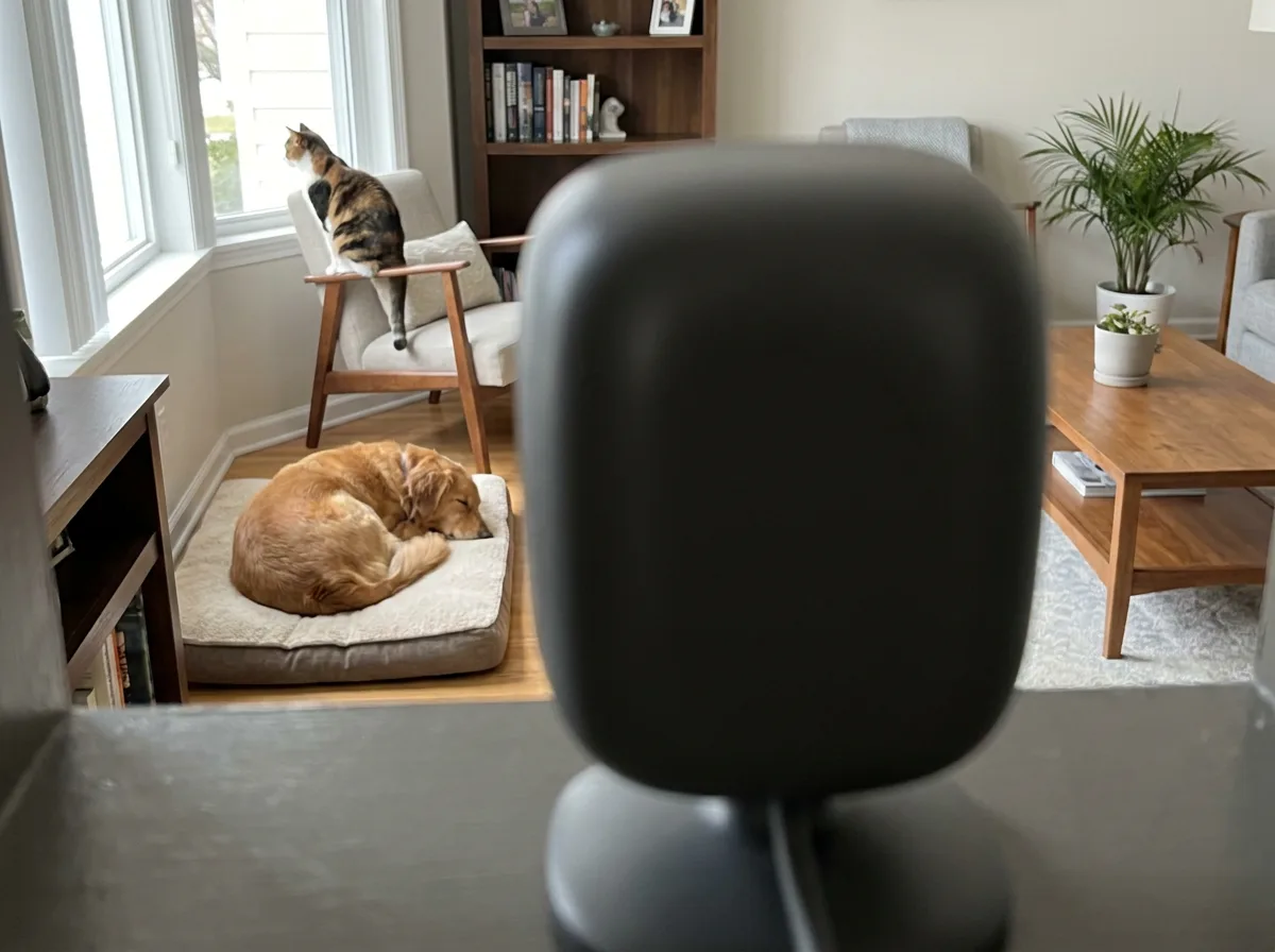 Rear view of an indoor camera facing a dog resting on a bed and a cat sitting on a chair.