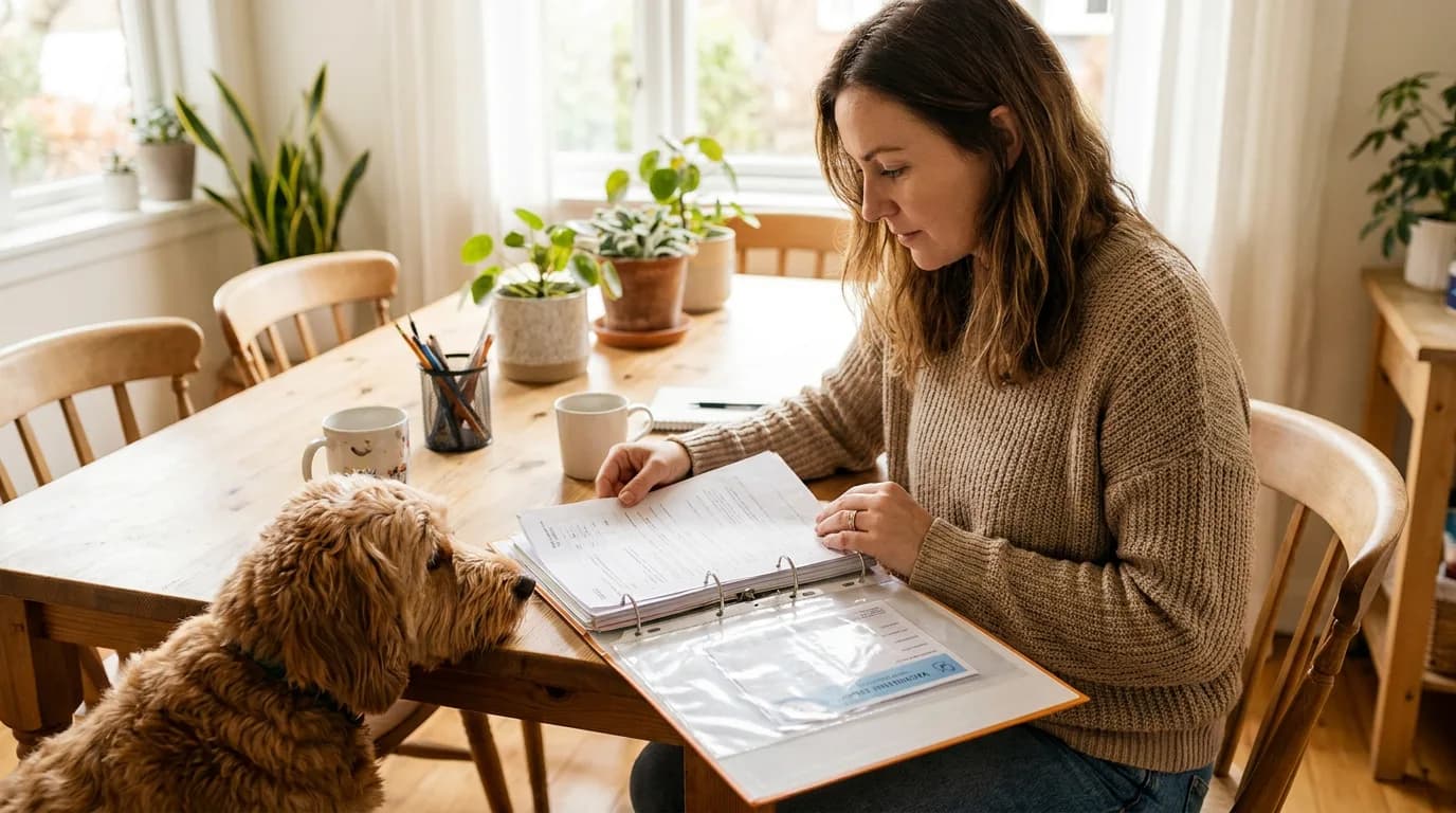 Woman reviewing a binder of pet medical records at a dining table while her doodle dog looks on
