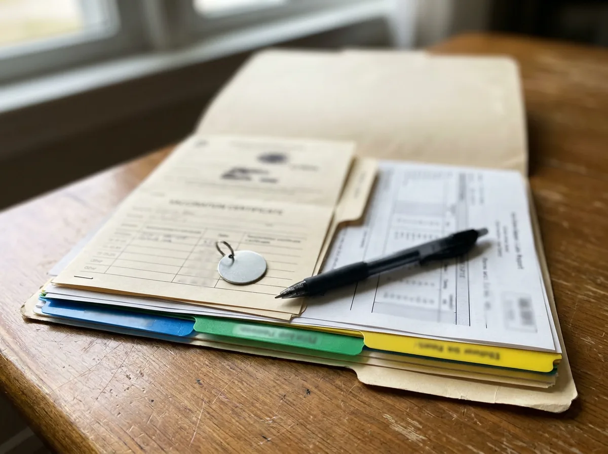 Open folder of pet medical records with a vaccination certificate, pet tag, lab reports and tabbed dividers