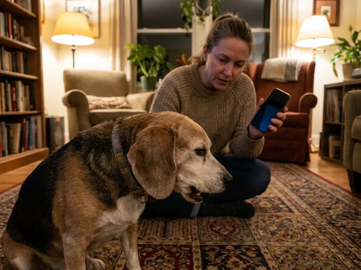 Woman filming her senior beagle with a smartphone in a living room to document symptoms