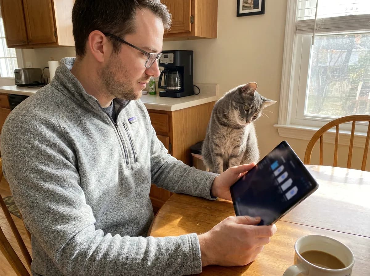 Man viewing digital pet health records on a tablet at a kitchen table as his gray tabby cat watches