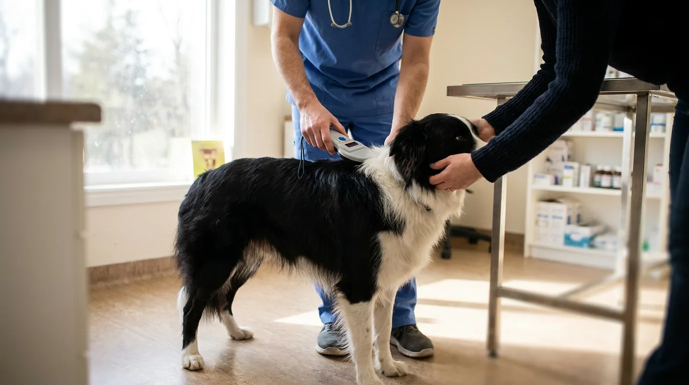 Veterinarian scanning a border collie's shoulder blades with a handheld microchip scanner as the owner steadies the dog
