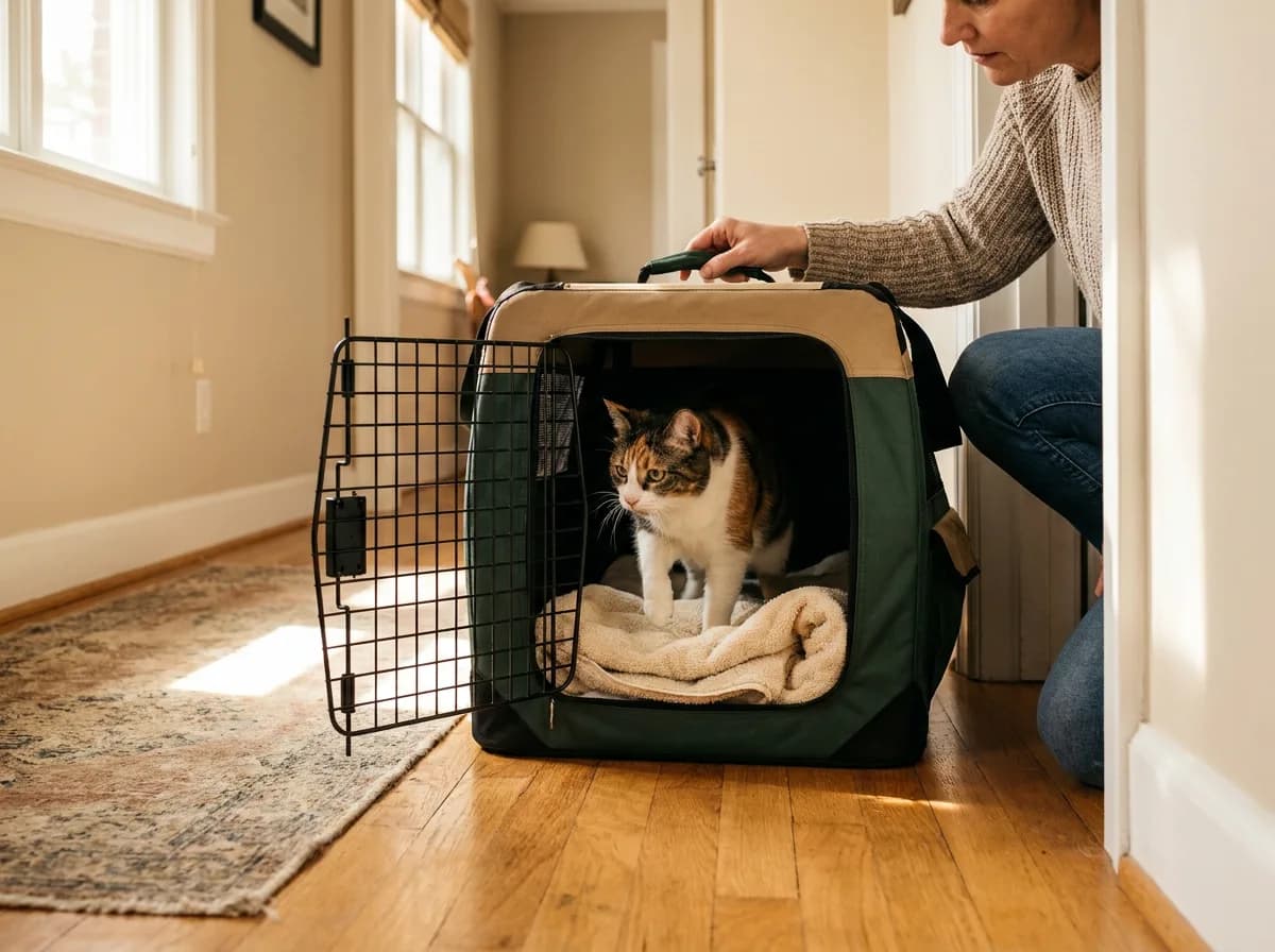 A calico cat stands in an open carrier beside its owner.